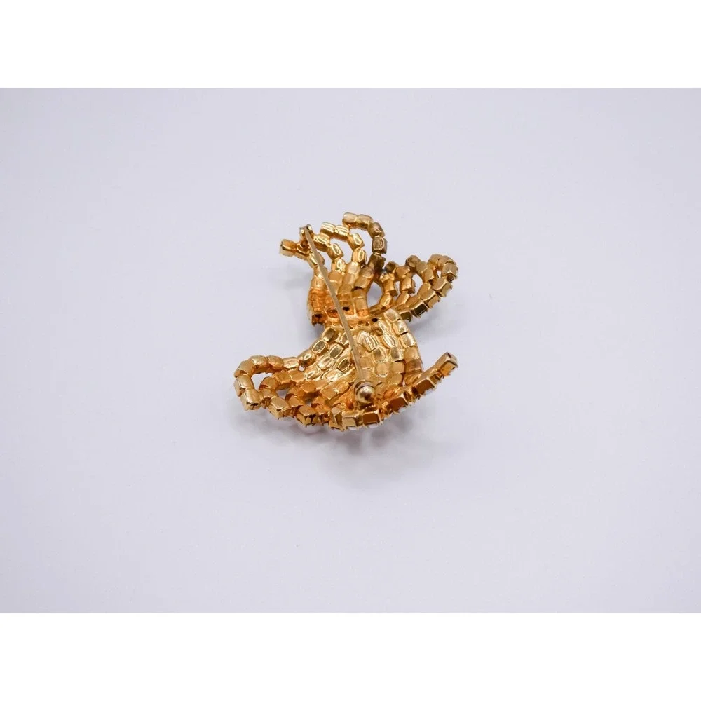 Vintage Milk Glass White Bow Gold Toned Brooch Large 2.6 Rhinestone Figural